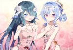  2girls :d alternate_costume angels_of_delusion_kfc_bag aria_(human)_(zenless_zone_zero) aria_(zenless_zone_zero) blue_eyes blue_hair blush bow breasts chinese_commentary cleavage closed_mouth collarbone commentary_request cosplay four-finger_heart_hands genshin_impact green_bow green_hair hair_bun hair_ornament hair_over_one_eye hand_up hands_up heart heart_hands highres ling_huanxiang long_hair matching_outfits medium_breasts multiple_girls nangong_yu odette_(genshin_impact) one-piece_swimsuit open_mouth pink_one-piece_swimsuit purple_eyes short_hair_with_long_locks small_breasts smile sunna_(zenless_zone_zero) swimsuit upper_body very_long_hair vodyanitsa_(genshin_impact) wavy_mouth white_bow zenless_zone_zero 