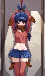  1girl arms_up bakasp-lilzy blue_gloves blue_hat blue_skirt blush bound bound_arms bound_wrists breasts cappie_(miside) choker clenched_hand commentary crop_top cuffs english_commentary feet_out_of_frame gloves hair_between_eyes hat highres indoors large_variant_set long_hair long_sleeves looking_at_viewer medium_breasts midriff miniskirt miside mita_(miside) motion_lines navel newsboy_cap no_panties pleated_skirt pov pov_hands purple_eyes purple_hair red_choker red_shirt red_thighhighs restrained restraints rope shadow shirt sidelocks skirt solo standing stationary_restraints stomach thighhighs thighs tickle_torture tickling tickling_legs trembling variant_set wrist_cuffs 