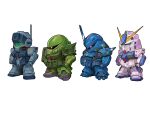  absurdres arms_at_sides assault_visor chibi clenched_hands commentary english_commentary full_body gm_sniper_ii green_assault_visor green_eyes gundam gundam_0080 gundam_alex highres horns kampfer_(mobile_suit) mecha mecha_focus mobile_suit no_humans one-eyed_mecha radio_antenna red_eyes robot science_fiction sd_gundam shoulder_spikes simple_background single_horn spikes standing subakeye v-fin white_background zaku_ii_fz_kai zeon 