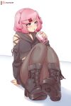  1girl absurdres alternate_costume ankle_boots arm_support bare_shoulders black_boots black_choker black_hoodie black_shorts blush boots breasts brown_pantyhose bubble_tea choker clothing_cutout collarbone commentary cropped_hoodie doki_doki_literature_club drinking english_commentary full_body hair_ornament hair_ribbon hairclip hand_up heart_soles high_heel_boots high_heels highres hood hood_down hoodie lace-up_boots long_sleeves medium_hair midriff_peek natsuki_(doki_doki_literature_club) pantyhose patreon_logo patreon_username pink_hair purple_eyes raion_(raionart) red_ribbon ribbon shoe_soles short_shorts shorts shoulder_cutout simple_background sitting small_breasts solo swept_bangs thick_thighs thighs two_side_up white_background 