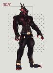 3_toes 4_fingers abs abstract_background absurd_res anthro armor belt belt_buckle black_body black_bottomwear black_clothing black_jacket black_pants black_topwear blue_belt bottomwear buckle claws clothed clothing cropped_jacket digital_drawing_(artwork) digital_media_(artwork) feet fingers footwear full-length_portrait furgonomic_footwear furgonomics headgear helmet hi_res jacket light lighting male markings open_clothing open_jacket open_topwear pants plantigrade pockets portrait red_claws red_markings shaded shirtless shirtless_anthro shirtless_male simple_background soft_shading solo standing text toes topwear visor white_background