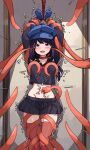  1girl arms_up bakasp-lilzy black_shirt black_skirt blue_gloves blue_hat blush bound bound_arms bound_wrists breasts cappie_(miside) choker clenched_hand commentary crop_top cuffs english_commentary feet_out_of_frame gloves hair_between_eyes hat heart highres indoors large_variant_set licking licking_navel long_hair long_sleeves looking_at_viewer medium_breasts midriff miniskirt miside mita_(miside) motion_lines navel navel_stimulation neckerchief newsboy_cap no_panties open_mouth pleated_skirt purple_eyes purple_hair red_choker red_neckerchief red_thighhighs restrained restraints rope shadow shirt sidelocks skirt smile solo standing stationary_restraints stomach tentacles thighhighs thighs tickle_torture tickling tickling_legs tickling_navel tickling_nipples tongue tongue_out trembling variant_set wrist_cuffs 