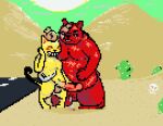 abs anthro big_penis blush bodily_fluids buckteeth cactus dack_(mewgenics) desert digital_media_(artwork) duo felid gein_(mewgenics) genital_fluids genitals hook hook_hand leaking_precum male male/male mammal mewgenics money_bag moobs niak overweight penis pixel_(artwork) plant precum scar size_difference skinny small_penis smile teeth