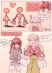  2girls ahoge bag bang_dream! bang_dream!_yumemita bow braid brown_skirt cardigan closed_eyes commentary english_text glasses grey_hoodie hair_bow highres holding holding_bag hood hoodie minye_mirai34 miyanaga_nonoka miyanaga_nonoka_(real) multiple_girls open_mouth pink_cardigan red_eyes red_hair sengoku_yuno sengoku_yuno_(real) shopping_bag skirt speech_bubble thought_bubble twin_braids white_bow yuri 