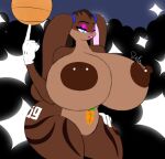anthro ball basketball_(ball) big_breasts bimbo_(fashion) blue_eyes breasts brown_body cocoa_lola female genitals hi_res huge_breasts lagomorph leporid lola_bunny looney_tunes mammal nipple_piercing nipples piercing rabbit riku9797 solo thick_thighs vulva warner_brothers