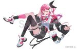  1girl :d alicecoco asymmetrical_legwear black_bow black_jacket black_shorts black_socks black_thighhighs bow breasts closed_eyes collared_shirt commentary company_name copyright_notice gradient_hair hair_bow hair_ornament hairclip hand_on_headphones headphones jacket jewelry knees_up kuramochi_meruto kuramochi_meruto_(1st_costume) long_hair long_sleeves mismatched_legwear multicolored_hair neck_ribbon nijisanji o-ring o-ring_thigh_strap official_art open_clothes open_hand open_jacket parallel_hairclips pink_hair pink_socks polka_dot polka_dot_bow ponytail purple_hair red_jacket red_ribbon rene_(kuramochi_meruto) ribbon ring sample_watermark shirt shoes shorts simple_background single_thighhigh smile sneakers socks solo stuffed_animal stuffed_toy teddy_bear thigh_strap thighhighs virtual_youtuber watermark white_background white_shirt white_shoes 