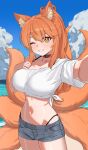  1girl absurdres animal_ear_fluff animal_ears beach bikini bikini_bottom_under_shorts bikini_under_clothes black_bikini breasts bt_(user_udwc7853) choker cloud collarbone cowboy_shot crop_top day denim denim_shorts fox_ears fox_girl fox_tail grey_shorts grin hand_on_own_chest highleg highres kitsune large_breasts long_hair looking_at_viewer midriff multiple_tails navel one_eye_closed orange_eyes orange_hair original outdoors ponytail red_choker selfie shirt short_shorts short_sleeves shorts single_bare_shoulder single_off_shoulder smile solo standing stomach swimsuit tail tied_shirt tomo_(aaron_ho) white_shirt 