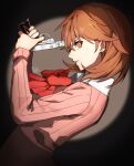  1girl artist_name bow bowtie brown_eyes brown_hair cardigan commentary earrings evoker flipped_hair from_side gekkoukan_high_school_uniform gun handgun highres holding holding_gun holding_weapon jewelry long_sleeves medium_hair nathan_stefv parted_lips persona persona_3 pink_cardigan pointing pointing_at_self profile red_bow red_bowtie ribbed_cardigan school_uniform shirt signature solo stud_earrings takeba_yukari upper_body weapon white_shirt 
