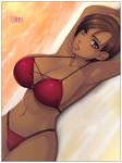  armpits arms_up bikini breasts brown_hair dark_skin dead_or_alive large_breasts lips lisa_hamilton lying ocean purple_eyes short_hair solo swimsuit very_dark_skin yoko_juusuke 