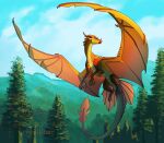 2024 ambiguous_gender claws cloud crystalrime day dragon european_mythology facial_horn fan_character feral finger_claws flying forest frill_(anatomy) green_eyes hi_res horn long_neck long_tail membrane_(anatomy) membranous_frill membranous_wings mythological_creature mythological_scalie mythology nose_horn nose_spike open_wings orange_body orange_scales outside plant scales scalie sky snout solo tail toe_claws tree western_dragon wing_claws wings wings_of_fire