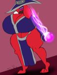 anthro big_breasts blue_eyes breasts buckteeth clothing energy female hat headgear headwear hi-rez_studios huge_breasts lagomorph leporid mammal moji_(paladins) paladins_(game) power rabbit red_body riku9797 shortstack solo teeth thick_thighs