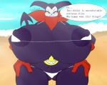 bandai_namco beach big_breasts bikini bikini_bottom bikini_thong bikini_top breasts clothing digimon digimon_(species) english_text female genitals green_eyes huge_breasts impmon purple_body riku9797 solo swimwear text thick_thighs two-piece_swimsuit vulva