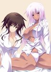  bed breasts brown_hair cleavage dark_skin dress_shirt large_breasts long_hair multiple_girls nanakorobi_yaoki no_bra no_pants open_clothes open_shirt original panties pink_eyes pink_hair purple_hair shirt underwear yellow_eyes 