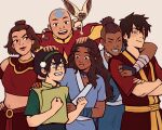  3boys 3girls aang absurdres animal_on_shoulder arm_around_neck arrow_(symbol) arrow_tattoo avatar:_the_last_airbender avatar_legends bald blue_collar blue_eyes breasts brown_eyes brown_hair brown_lips burn_scar capelet clenched_hands closed_eyes collar commentary crop_top crossed_arms dark-skinned_female dark-skinned_male dark_skin english_commentary green_eyes green_hairband grin hairband hand_on_another's_head hand_on_another's_shoulder head_tattoo highres katara lips medium_breasts midriff momo_(avatar) multiple_boys multiple_girls navel open_mouth pom_pom_(clothes) red_capelet scar smile sokka squidwithelbows suki_(avatar) tattoo toph_beifong undercut wavy_hair zuko 