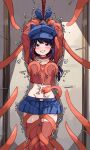  1girl arms_up bakasp-lilzy blue_gloves blue_hat blue_skirt blush bound bound_arms bound_wrists breasts cappie_(miside) choker clenched_hand commentary crop_top cuffs english_commentary feet_out_of_frame gloves hair_between_eyes hat heart highres indoors large_variant_set licking licking_navel long_hair long_sleeves looking_at_viewer medium_breasts midriff miniskirt miside mita_(miside) motion_lines navel navel_stimulation newsboy_cap no_panties open_mouth pleated_skirt purple_eyes purple_hair red_choker red_shirt red_thighhighs restrained restraints rope shadow shirt sidelocks skirt smile solo standing stationary_restraints stomach teeth tentacles thighhighs thighs tickle_torture tickling tickling_legs tickling_navel tickling_nipples trembling variant_set wrist_cuffs 
