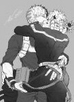  2boys bakugou_katsuki boku_no_hero_academia commentary_request french_kiss gloves grey_background greyscale hands_on_another's_ass haru_(reharux035) highres kiss leg_lift male_focus monochrome multicolored_hair multiple_boys numbered pants short_hair simple_background spiked_hair split-color_hair superhero_costume todoroki_shoto two-tone_hair watermark yaoi 