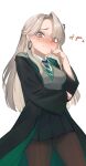  1girl absurdres black_robe black_skirt blonde_hair blush breasts collared_shirt commentary diagonal-striped_clothes diagonal-striped_necktie earrings embarrassed english_text genderswap genderswap_(mtf) green_eyes green_necktie green_robe grey_sweater grey_sweater_vest harry_potter_(series) highres hogwarts_school_uniform hoop_earrings hoshino_aoi_(la_huynh_hai_than) jacket jewelry long_hair long_sleeves malfoid medium_breasts miniskirt necktie pantyhose pleated_skirt robe school_uniform shirt simple_background skirt slytherin smile solo striped_clothes striped_necktie sweater sweater_vest two-sided_fabric two-sided_robe two-tone_robe v-neck white_background white_shirt wizarding_world 