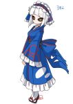  1girl black_sclera blue_hairband blue_kimono blunt_bangs breasts colored_sclera commentary frilled_hairband frilled_kimono frills from_side full_body fun_bo hairband highres japanese_clothes kimono kyogre looking_at_viewer looking_to_the_side medium_breasts medium_hair personification pokedex_number pokemon red_trim sandals sash simple_background solo white_background white_hair wide_sleeves yellow_eyes 