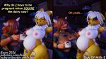 16:9 2026 3d_(artwork) 4k absurd_res anthro areola bacn bandai_namco big_breasts blender_(artwork) blender_cycles_(artwork) blush bodily_fluids bottomwear bovid bovine breast_milking breasts canid canine cattle clothed clothed/nude clothing comic detailed_background dialogue digimon digimon_(species) digital_media_(artwork) duo english_description english_text female fingers fishnet_clothing fishnet_topwear fox gynomorph gynomorph/female hair hi_res highland_cattle horn huge_breasts intersex intersex/female lactating mammal milk nipples nude open_mouth pregnant pregnant_anthro pregnant_female renamon renny_(bacn) smile speech_bubble standing tail teeth text tongue tongue_out topwear url vic_(bacn) white_body widescreen