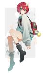  1girl absurdres amate_yuzuriha aqua_eyes aqua_shirt aqua_skirt backpack bag bag_charm black_boots blue_eyes boots charm_(object) commentary diagonal-striped_clothes diagonal-striped_necktie ensign_(i_can_friday_by_day!) from_side full_body gundam gundam_gquuuuuux hair_between_eyes highres i_can_friday_by_day! invisible_chair looking_at_viewer mahiru_mm necktie red_hair school_uniform shirt short_hair sitting skirt solo striped_clothes striped_necktie stuffed_toy sweater white_sweater 