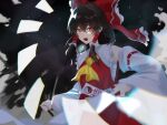  1girl ascot between_fingers bow brown_hair chest_sarashi chromatic_aberration commentary_request detached_sleeves frilled_bow frilled_hair_tubes frills gohei hair_bow hair_tubes hakurei_reimu happy_y2525 highres holding holding_gohei holding_ofuda long_hair looking_at_viewer ofuda ofuda_between_fingers open_mouth red_bow red_eyes red_skirt revision ribbon-trimmed_sleeves ribbon_trim sarashi skirt skirt_set solo touhou yellow_ascot 