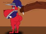 anthro big_breasts big_butt big_penis blue_eyes bodily_fluids breasts butt clothing cum cum_drip dripping duo english_text eyewear female genital_fluids genitals glasses hat headgear headwear hi-rez_studios huge_breasts huge_penis lagomorph leporid male mammal moji_(paladins) paladins_(game) penis rabbit red_body riku9797 shortstack text