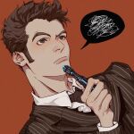  1boy black_jacket black_necktie brown_eyes brown_hair chinese_commentary closed_mouth collared_shirt commentary_request doctor_who gin64 hand_up highres holding jacket male_focus necktie portrait red_background shirt short_hair sideburns simple_background solo sonic_screwdriver speech_bubble spoken_squiggle squiggle striped_clothes striped_jacket tenth_doctor_(doctor_who) the_doctor_(doctor_who) vertical-striped_clothes vertical-striped_jacket 