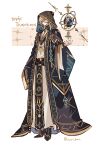  1boy belt blonde_hair blue_eyes bracelet braid caduceus commentary_request earrings greek_mythology greek_text hermes_(mythology) high_heels highres hood jewelry long_sleeves mandarin_collar orb robe sleeves_past_fingers sleeves_past_wrists solo triangle_earrings yochi_gmn 
