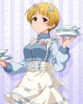  1girl apron blonde_hair blue_jacket breasts brown_eyes card_commentary closed_mouth commentary_request cowboy_shot fukuda_noriko game_asset hair_ornament heart heart_hair_ornament holding holding_plate idolmaster idolmaster_million_live! idolmaster_million_live!_theater_days jacket jersey_maid jersey_maid_girl_(idolmaster) light_frown long_sleeves looking_at_viewer maid official_alternate_costume official_art plate short_hair solo standing third-party_source track_jacket unconventional_maid white_apron 