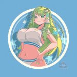  1girl alternate_costume bikini blue_background breasts closed_mouth commentary_request doyagao frog_hair_ornament green_eyes green_hair hair_ornament highres keroyan kochiya_sanae large_breasts long_hair looking_at_viewer navel smug snake_hair_ornament solo star_(symbol) swimsuit touhou white_bikini 