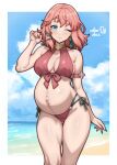  1girl ;) absurdres alexandra_tamsanqa alternate_costume armlet armor armpit_crease ass_visible_through_thighs bare_arms bare_shoulders beach bikini blue_eyes blush border breasts circlet cleavage closed_mouth cloud contrapposto cowboy_shot fingernails fire_emblem fire_emblem:_fortune's_weave front-tie_bikini_top front-tie_top hand_up highres jewelry large_breasts linea_nigra long_fingernails looking_at_viewer medium_hair multi-strapped_bikini_bottom navel ocean one_eye_closed outdoors outie_navel outside_border pink_bikini pink_hair pregnant rotomdocs sand side-tie_bikini_bottom sideboob skindentation smile solo stomach swimsuit water white_border 