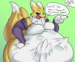 2019 6:5 anthro armband bandai_namco belly big_belly breasts bulge claws digimon digimon_(species) ears_up female female_pred fluffy fluffy_tail gesture green_background hand_gesture hand_imprint hand_on_belly imprint looking_at_another lying offscreen_character on_front open_mouth pointing poly_(hookaloof) prey_imprint renamon sharp_teeth simple_background tail teeth the_hookaloof tongue unseen_prey vore