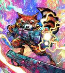  1boy animal_ears colored_sclera energy_gun english_commentary fangs fingerless_gloves furry furry_male gloves guardians_of_the_galaxy gun highres holding holding_energy_gun holding_gun holding_weapon male_focus marvel marvel_snap nebula official_art open_mouth pawpads powering_up raccoon_boy raccoon_ears raccoon_tail red_eyes red_sclera rocket_raccoon science_fiction solo space tail vinartwork weapon whiskers 