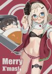  1girl beret bikini black_bikini blonde_hair blue_eyes blush braid breasts chibi commander_(girls'_frontline) commentary_request english_text fur-trimmed_jacket fur_trim girls'_frontline girls'_frontline_2:_exilium glasses hat highres jacket looking_at_viewer mp5_(girls'_frontline) multicolored_bikini open_clothes open_jacket open_mouth parex_(vpnn8573) peri_(girls'_frontline_2) pink_bikini red_hat small_breasts smile swimsuit thigh_strap two-tone_bikini 