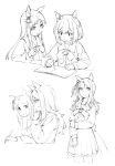  3girls :d absurdres animal_ears book bow bowtie braid ear_bow ear_covers grass_wonder_(umamusume) greyscale highres holding holding_pen horse_ears horse_girl horse_tail king_halo_(umamusume) long_hair monochrome multiple_girls nyum pen pleated_skirt school_uniform short_hair skirt smile special_week_(umamusume) studying tail third-party_source tracen_school_uniform umamusume v-shaped_eyebrows winter_uniform 