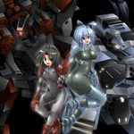  armored_core artist_request ass black_eyes black_hair blue_eyes blue_hair bodysuit breasts covered_nipples large_breasts mecha multiple_girls navel skin_tight smile 