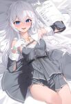  1girl absurdres belt blue_eyes commentary_request cross cross_necklace dress gloves grey_dress highres jewelry koyokurosuki necklace open_mouth original paper solo tears white_gloves white_hair 