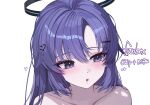  1girl averting_eyes blue_archive blush collarbone hair_ornament heart heart_hair_ornament highres kkato long_hair nude open_mouth purple_eyes purple_hair simple_background solo yuuka_(blue_archive) 