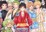  2girls 6+boys absurdres afro black_hair black_kimono blonde_hair blue_hair blue_kimono brook_(one_piece) chonmage commentary copyright_name cross curly_eyebrows earrings facial_hair franky_(one_piece) goatee green_hair green_kimono hair_over_one_eye hand_fan hat headphones heart heart-shaped_eyes highres himeko_shinsei holding holding_fan holding_sword holding_weapon japanese_clothes jewelry kimono long_nose looking_at_viewer monkey_d._luffy multiple_boys multiple_girls nami_(one_piece) nico_robin nihongami obi one_eye_closed one_piece orange_hair ponytail red_kimono roronoa_zoro sanji_(one_piece) sash skeleton smile straw_hat straw_hat_pirates striped_clothes striped_kimono sword tony_tony_chopper topknot usopp vertical-striped_clothes vertical-striped_kimono weapon white_kimono yellow_sash 
