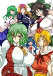  :p aoi_manabu breast_envy breasts everyone fang hijiri_byakuren hinanawi_tenshi huge_breasts kazami_yuuka kochiya_sanae multiple_girls odd_one_out reiuji_utsuho tongue tongue_out toramaru_shou touhou 