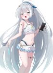  1girl absurdres ahoge armpit_crease bare_shoulders bikini blue_eyes breasts cellphone cleavage collarbone commentary english_commentary female_tyrant_(stella_sora) female_tyrant_(swimsuit)_(stella_sora) food frilled_bikini frills grey_hair hairband highres holding holding_food holding_phone holding_popsicle long_hair navel official_alternate_costume one_eye_closed open_mouth phone pointy_ears popsicle simple_background small_breasts smartphone solo stella_sora stomach swimsuit tyrant_(stella_sora) user_hdce8857 very_long_hair white_bikini 