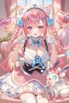  1girl :d ahoge animal_ear_fluff animal_ears aria_(ariacue) asymmetrical_legwear balloon bell blue_bow blue_neckerchief blush bow braid breasts cat_ears cat_girl chair cleavage cleavage_cutout clothing_cutout commentary crossover day dress extra_ears frilled_hairband frills garter_straps gloves hair_bow hair_ornament hairband hairclip hands_up heart_balloon highres indie_virtual_youtuber indoors jingle_bell large_breasts lens_flare long_hair looking_at_viewer maid mismatched_legwear neck_bell neckerchief on_chair open_mouth pink_dress pink_eyes pink_hair pokemon pokemon_(creature) single_braid sitting smile star_(symbol) star_hair_ornament suspender_corset sylveon thigh_strap thighhighs underbust virtual_youtuber white_dress white_gloves white_thighhighs window yuuki_sakuna yuuki_sakuna_(3rd_costume) 