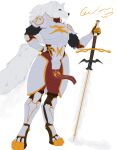 absurd_res alpha_channel anthro armor bandage banner black_sclera blue_eyes canid canine canis cen_amb clothing female flat_chested fluffy fluffy_tail fog fur gold_(metal) hi_res insignia knight leather leather_clothing mammal mane melee_weapon metal muscular muscular_anthro neck_tuft simple_background solo sword tail tall tuft warrior weapon white_body white_fur wolf wrapped_arms wrappings