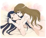  blue_hair blush breast_press breasts brown_hair couple fujino_shizuru green_eyes hair_tousle happy kuga_natsuki medium_breasts multiple_girls my-hime nude one_eye_closed red_eyes sabachiyo_land smile symmetrical_docking yuri 