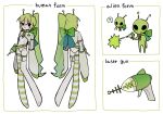  1girl :3 ? alien antennae asymmetrical_legwear belt black_eyes blue_bow blush bow closed_mouth energy_gun english_text eyelashes firing gradient_bow green_belt green_bow green_hair green_thighhighs highres leotard little_green_men long_hair long_sleeves mismatched_legwear multicolored_thighhighs multiple_views original owo_uou ponytail ray_gun simple_background sleeves_past_fingers sleeves_past_wrists smile speech_bubble spoken_question_mark striped_clothes striped_thighhighs thighhighs two-tone_bow two-tone_thighhighs very_long_hair weapon white_background white_leotard white_thighhighs 