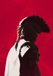  1boy absurdres agamemnon_(mythology) armor bone cape covered_face facing_away greek_mythology helmet highres poisonp1nk red_background shoulder_armor solo spine the_odyssey_(2026_movie) 
