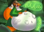 alchemist anthro big_butt breasts burp_cloud burping butt canid canine clothing digestion digestion_noises elia_(hookaloof) female female_pred forest_background fox hair hand_imprint hand_on_belly imprint mammal multiple_prey navel open_mouth ring sharp_teeth tail teeth the_hookaloof thick_thighs tongue tongue_out unseen_prey vore weight_gain
