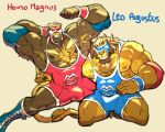 5:4 anthro barazoku blonde_hair bodily_fluids body_hair bulge chest_hair duo facial_hair fangs felid flexing hair human lion looking_at_viewer male mammal mask monkey_tail muscular muscular_anthro muscular_male mustache pantherine rickleone simple_background sports_mask sportswear sweat teeth white_background wrestling_mask wrestling_outfit wrestling_singlet