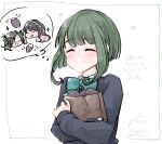  1girl adapted_costume aqua_bow aqua_bowtie bag bow bowtie braid closed_eyes commentary_request food green_hair highres kantai_collection kurohina_(kurohina_66_s) naganami_(kancolle) naganami_kai_ni_(kancolle) one-hour_drawing_challenge paper_bag short_hair short_hair_with_long_locks side_braid smile solo speech_bubble sweet_potato takanami_(kancolle) takanami_(valentine)_(kancolle) thought_bubble 
