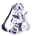  1girl :3 absurdres ahoge animal_ears asymmetrical_legwear bare_shoulders black_eyes black_hair black_one-piece_swimsuit black_thighhighs blunt_bangs blush_stickers chibi chibi_only closed_mouth commentary cotono_(nazekun) detached_sleeves dot_nose full_body groin hair_intakes hand_up hands_up highres long_hair long_sleeves looking_at_viewer mismatched_legwear multicolored_hair no_shoes old_school_swimsuit one-piece_swimsuit original pelvic_curtain school_swimsuit sidelocks simple_background sleeves_past_fingers sleeves_past_wrists smile snow_leopard_ears snow_leopard_girl snow_leopard_tail solo standing striped_clothes striped_thighhighs swimsuit tail thighhighs twintails two-tone_hair untranslatable_commentary v-shaped_eyebrows very_long_hair white_background white_hair white_sleeves 